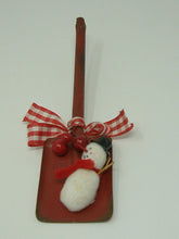 Load image into Gallery viewer, OOAK Christmas Ornament, Primitive Kitchen Country Upcycled Red Metal Toy Shovel with Snowman.

