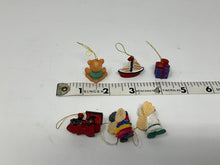 Load image into Gallery viewer, Itty, bitty, teeny tiny ornaments. Miniature tree ornaments. 1990s. Resin boat, train, teddy ear, present, etc.
