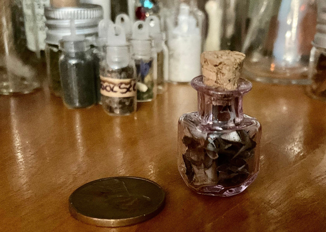 Tiny Pink Bottle of Rose Thorns. Boost spells, witches ladders, charm bags, knot work. Charm, amulet necklace vial bottle.