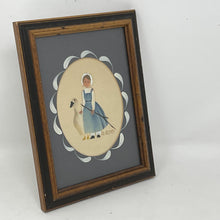 Load image into Gallery viewer, Vintage Folk Art Theorem Painting R. Ross Walnut Frame Girl and Goose.
