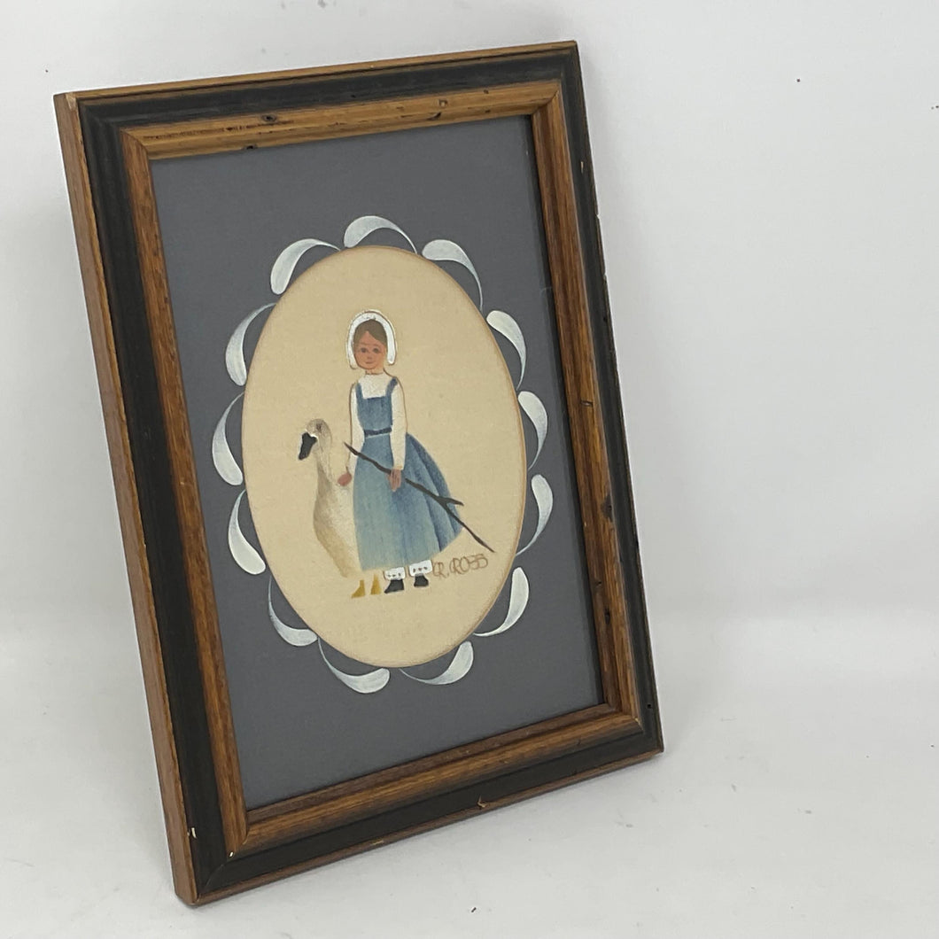 Vintage Folk Art Theorem Painting R. Ross Walnut Frame Girl and Goose.