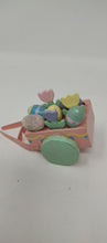 Load image into Gallery viewer, Vintage 1980&#39;s Taiwan Easter Tree Ornaments and decoration. Wooden Easter Bunny and a wooden wheelbarrow with wooden eggs.

