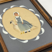 Load image into Gallery viewer, Vintage Folk Art Theorem Painting R. Ross Walnut Frame Girl and Goose.
