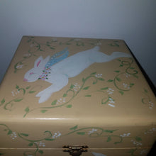 Load image into Gallery viewer, Vintage Easter Bunny Handpainted Cigar Box. New England Primitive Handcrafted Box. Easter Rabbits. Nursery Storage.
