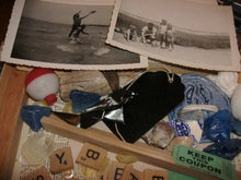 Load image into Gallery viewer, Vintage Trinket Lot Box full of Genuinely Old Antique Junk Drawer Treasures Goblin Stuff, Misc. Hardware, Ephemera, Game Pcs, Photos, Toys
