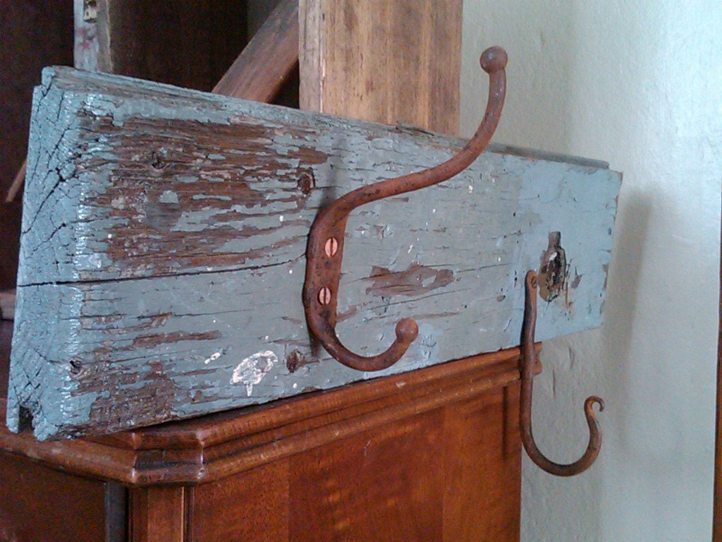 hat, linen or towel rack. old architectural trim. original BLUE paint. 2 antique hooks. very primItive. authentically old.
