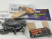 Load image into Gallery viewer, Unopened Halloween Ephemera 3 Vintage Halloween Cake Toppers. Beistle and Wilton Packages of Cupcake Decorations. Halloween Picks.
