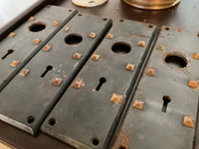 Load image into Gallery viewer, One Pair of Antique Gothic Doorplates. Cast Iron, SOLID Heavy Duty Black and Studded Door Plates for Exterior Doors. Signed Pemberton 4835.
