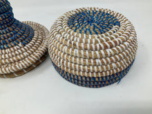 Load image into Gallery viewer, Handmade Bottle Basket Canister. Boho Basket Bottle. Basket Jar Container. Blue and White Basket.
