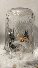Load image into Gallery viewer, Christmas Diorama in quilted Snowglobe glass jelly jar. Handcrafted. Salvaged 60&#39;s Jewelry Box Ballerina and Bottle Brush trees. Waterless
