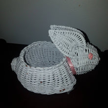 Load image into Gallery viewer, Vtg 80&#39;s Avon Edible Arrangements Taiwan Bunny Shaped Easter Basket. White and Pink Wicker Basket. Smaller sized.
