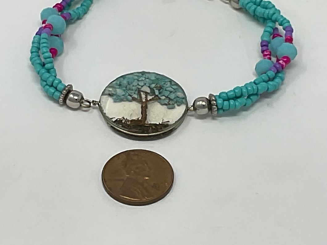 Tree of Life In Resin Bracelet with Turquoise Colored Beads. Copper In Resin.