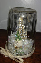 Load image into Gallery viewer, Christmas Diorama in Vintage Jelly Jar. Bottle Brush Tree Tiny Chenille Elf Inside. Handcrafted. Salvaged Shiny Brite Ornaments Inside.
