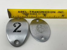 Load image into Gallery viewer, Choice of One Vintage Railroad Assigned Seat Number Tag. Reclaimed. 1.75&quot; x 1&quot; Great for Jewelry! Metal Number Charm. Train seat number.
