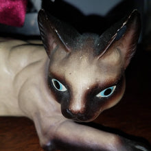 Load image into Gallery viewer, Vintage Scheming Siamese Cat Statue. Chipped. Vintage 50s dimestore tzotke. Bisque? Mid Century Collectible Figure. Devilish Siamese Cat.
