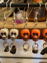 Load image into Gallery viewer, Handmade Skull Earrings with Snowflake Obsidian or Red Coral. Choice of One.
