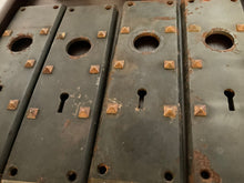 Load image into Gallery viewer, One Pair of Antique Gothic Doorplates. Cast Iron, SOLID Heavy Duty Black and Studded Door Plates for Exterior Doors. Signed Pemberton 4835.
