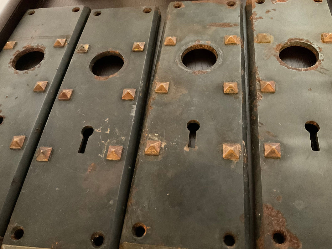 One Pair of Antique Gothic Doorplates. Cast Iron, SOLID Heavy Duty Black and Studded Door Plates for Exterior Doors. Signed Pemberton 4835.