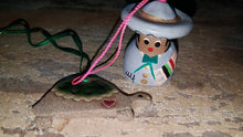 Load image into Gallery viewer, 2 Vintage Christmas Tree Ornaments. Terracotta Mexican Folk Art Mariachi Bell and Turtle. Tiny. Mexico
