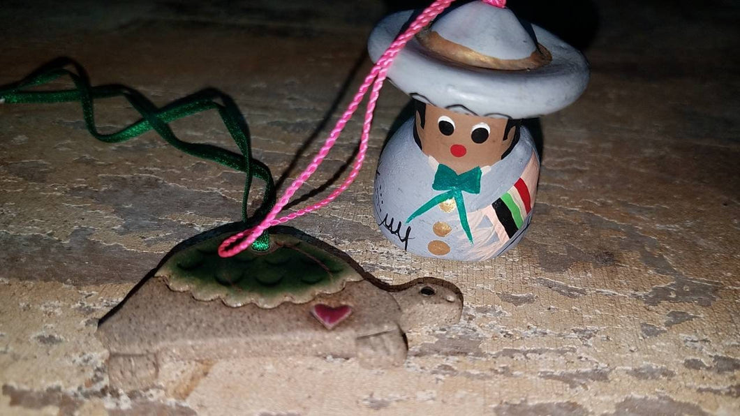2 Vintage Christmas Tree Ornaments. Terracotta Mexican Folk Art Mariachi Bell and Turtle. Tiny. Mexico