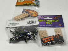 Load image into Gallery viewer, Unopened Halloween Ephemera 3 Vintage Halloween Cake Toppers. Beistle and Wilton Packages of Cupcake Decorations. Halloween Picks.
