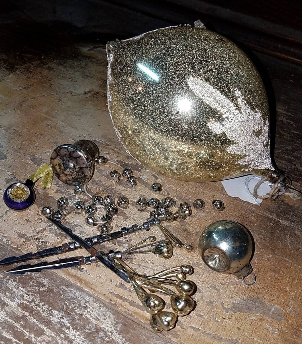Old Blown Glass Ornaments. Blue, Silver, Gold. Loose Beads. As Is. CRAFT LOT. Double Indent