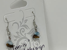 Load image into Gallery viewer, Gemini Earrings. Handmade, Super Cute and Tiny. Genuine Tigers Eye and Aquamarine.
