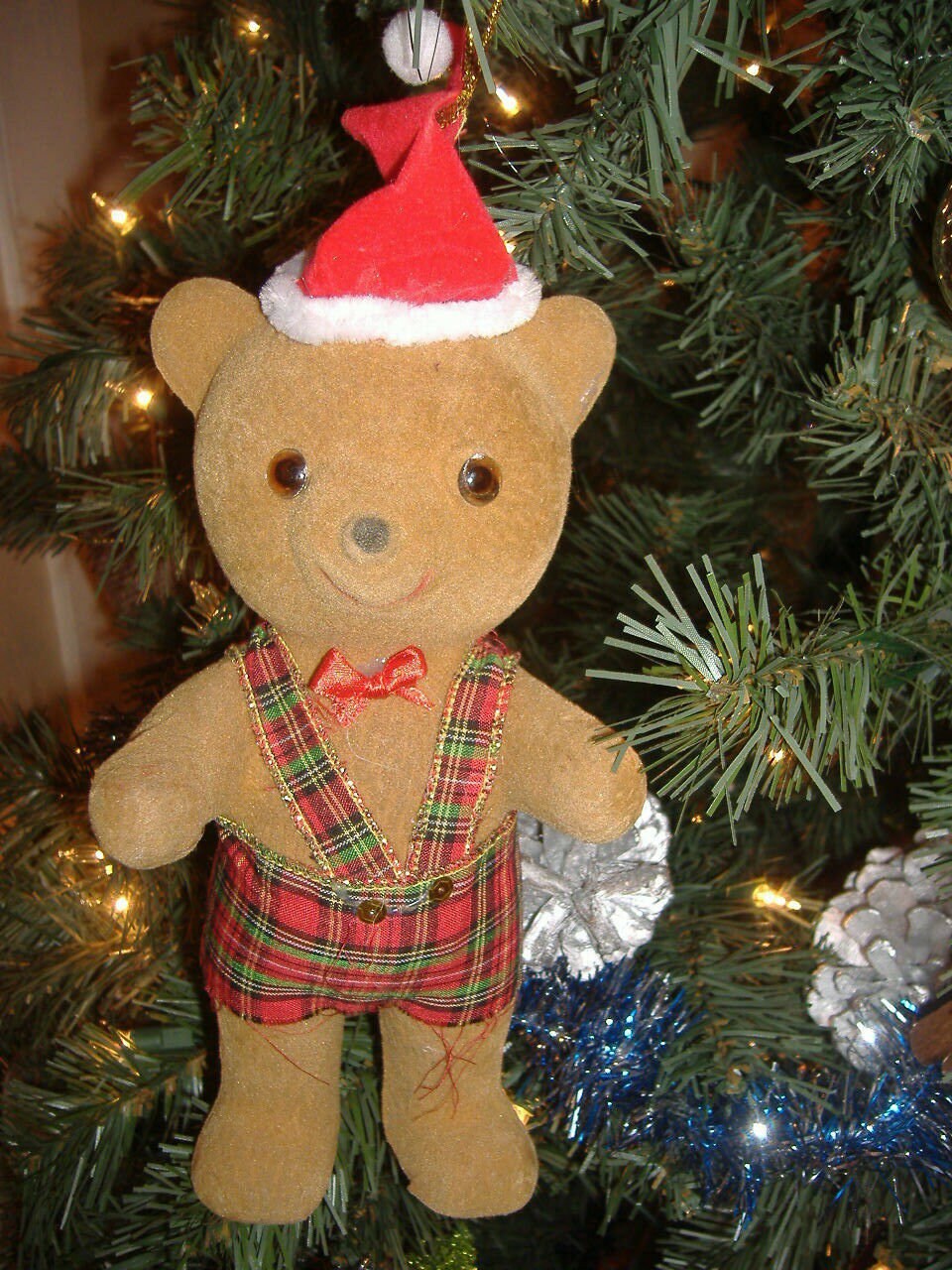 Vintage GIANT Flocked Teddy Bear Ornament in Plaid Suit 9
