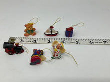 Load image into Gallery viewer, Itty, bitty, teeny tiny ornaments. Miniature tree ornaments. 1990s. Resin boat, train, teddy ear, present, etc.
