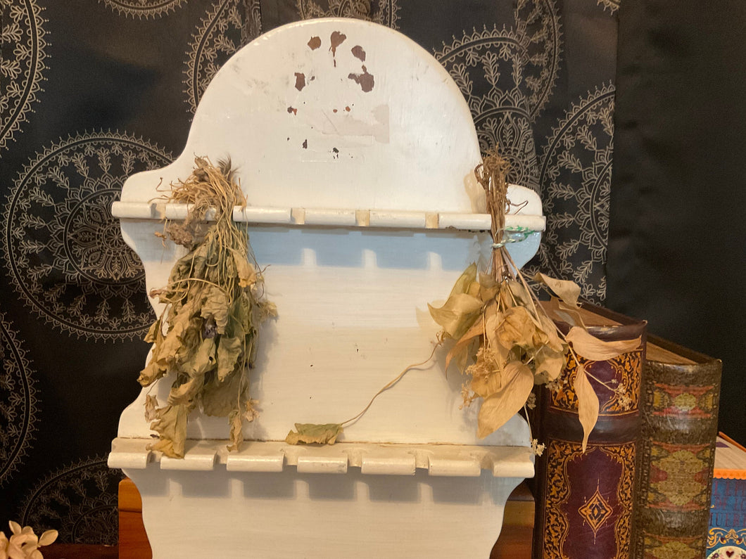 Vintage Shabby Chippy White Spoon Rack with Holder. Self Standing. Includes Bottles.