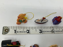 Load image into Gallery viewer, Itty, bitty, teeny tiny ornaments. Miniature tree ornaments. 1990s. Resin boat, train, teddy ear, present, etc.
