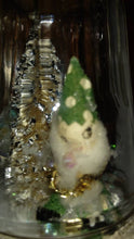 Load image into Gallery viewer, Christmas Diorama in Vintage Jelly Jar. Bottle Brush Tree Tiny Chenille Elf Inside. Handcrafted. Salvaged Shiny Brite Ornaments Inside.
