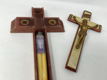 Load image into Gallery viewer, vintage wooden last rites crucifix with unopened, unused, holy water bottle and 2 candles.
