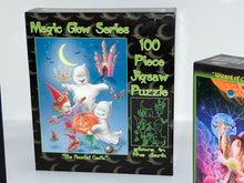 Load image into Gallery viewer, Choice of ONE vintage glow in the dark Halloween puzzle. Kids Halloween 100 piece puzzle. Magical glow puzzle. E&amp;L Corp, Holyoke, MA
