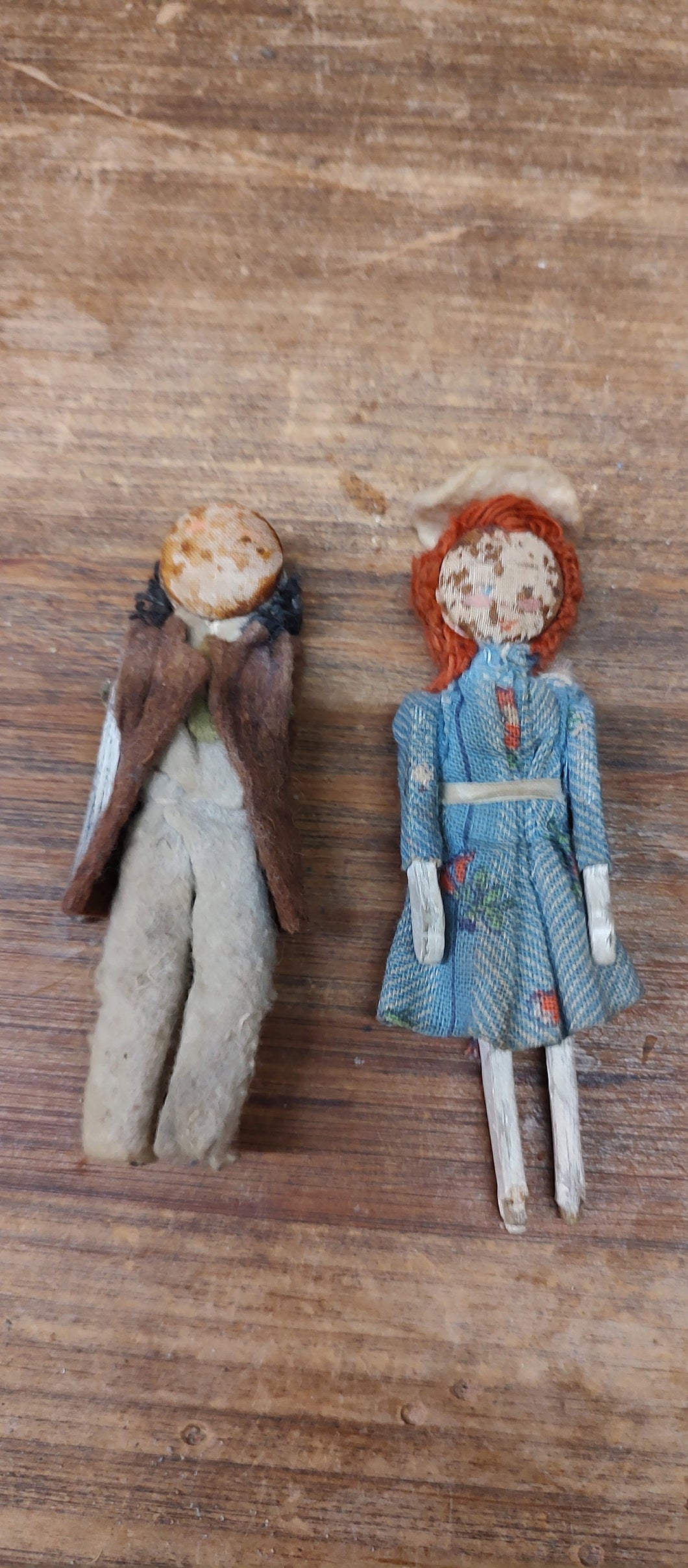 Antique Peg Dolls. Pair of two. Boy and Girl Penny Peg Dolls. As Is.