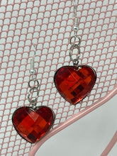 Load image into Gallery viewer, Handmade Rhinestone Red Heart Dangle Earrings. Sensitive Ear Wires. Valentines Day.
