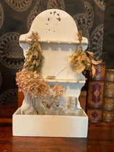 Load image into Gallery viewer, Vintage Shabby Chippy White Spoon Rack with Holder. Self Standing. Includes Bottles.
