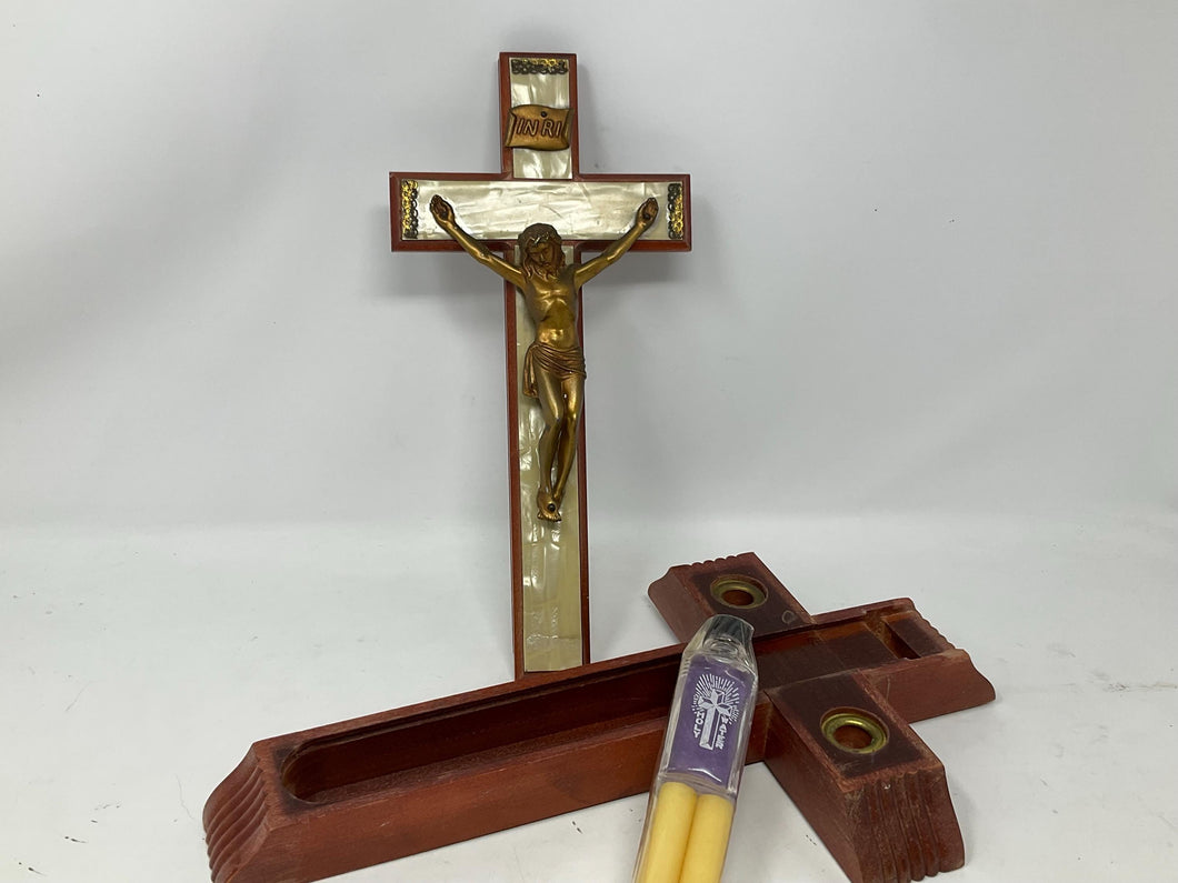 vintage wooden last rites crucifix with unopened, unused, holy water bottle and 2 candles.