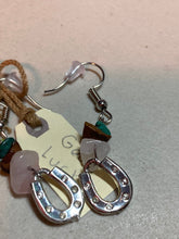 Load image into Gallery viewer, Good Luck Earrings. Genuine Malachite, Rose Quartz, and Tigers Eye Dangle Earrings. Crystals. Handmade in the USA.
