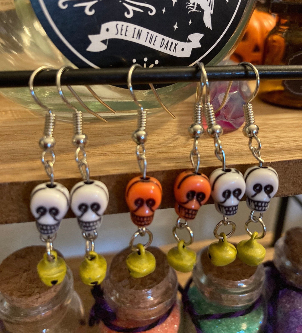Handmade Skull Earrings with Bells. Warding Earrings. Tiny Bells and Skulls.