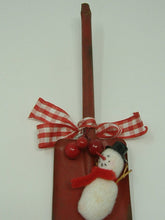 Load image into Gallery viewer, OOAK Christmas Ornament, Primitive Kitchen Country Upcycled Red Metal Toy Shovel with Snowman.
