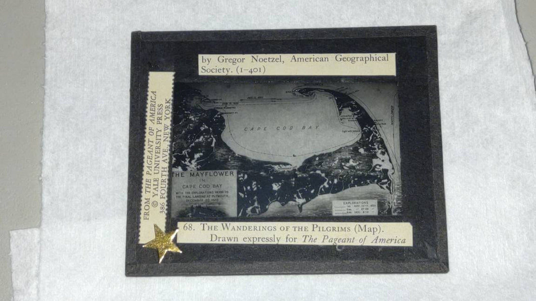 Antique Glass Negative from Wanderings of the Pilgrims. Cape Cod MA map drawn by Gregor Noetzel. Pageant of America, Yale University Press.