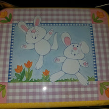 Load image into Gallery viewer, Vintage Lunch Pail Tin 1985 Easter Picnic Basket Tin w/ 2 Handles Bunnies Pastel Colors Lunch Pail
