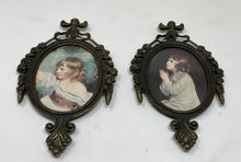 Load image into Gallery viewer, 2 Vintage Miniature Nursery Prints in Frames. Made in Italy. Bronze of Cast Brass Frames. Florentine. Baroque. Portrait prints.
