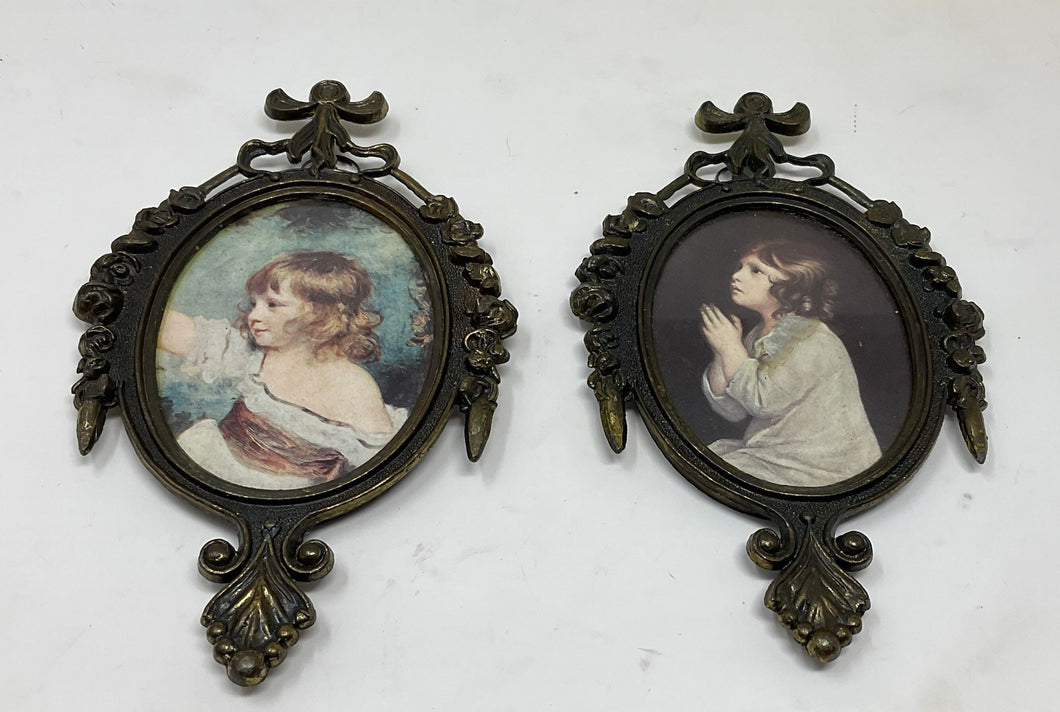 2 Vintage Miniature Nursery Prints in Frames. Made in Italy. Bronze of Cast Brass Frames. Florentine. Baroque. Portrait prints.