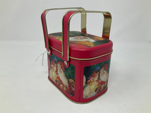 Load image into Gallery viewer, Vintage Christmas Lunchpail Tin Picnic 2 Handle Tin. Vintage Santa tin. Great graphics, no fading, no scuffs.
