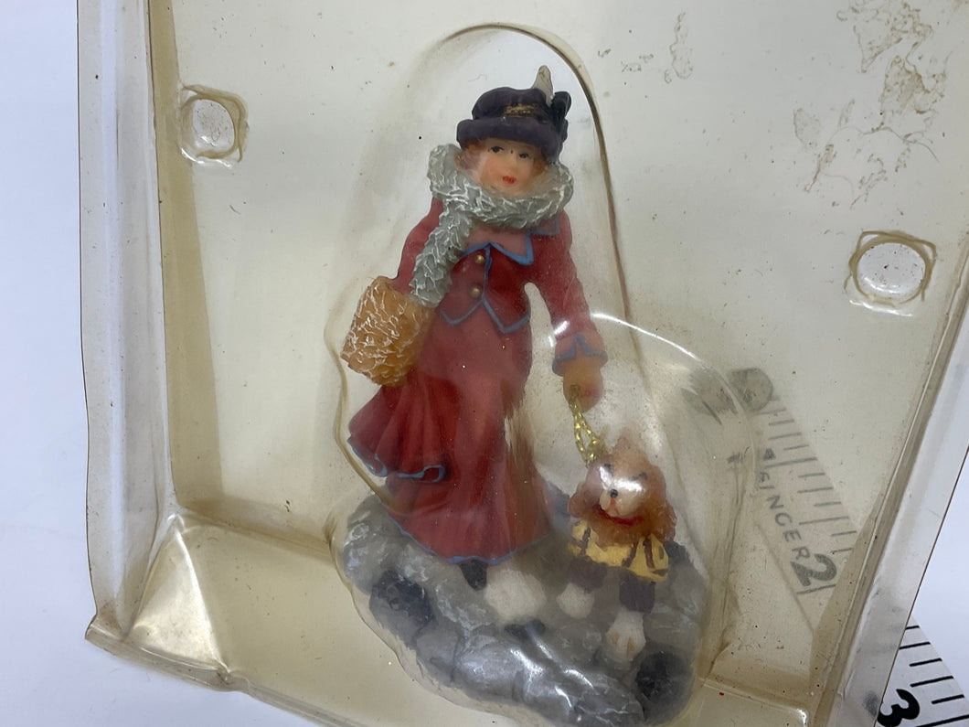 Miniature Victorian Christmas Figure. Woman walking dog. Crafts, Dioramas, Train Layout, Model Railroad.