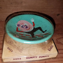 Load image into Gallery viewer, 1950&#39;s Amrock Lithographed Nursery Drawer Pull Handle. Features Humpty Dumpty on Robins Egg Blue Backgroub. Original Package. Unused.
