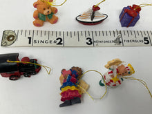 Load image into Gallery viewer, Itty, bitty, teeny tiny ornaments. Miniature tree ornaments. 1990s. Resin boat, train, teddy ear, present, etc.
