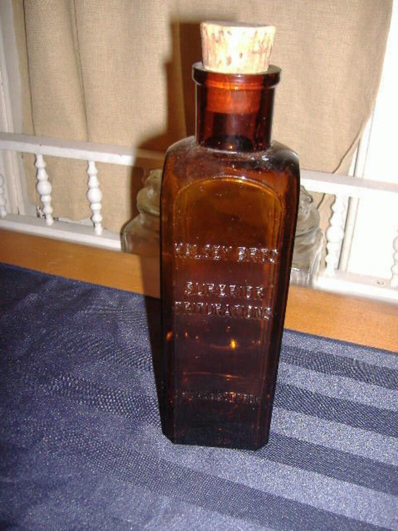 Antique 1800s Amber Medicine Bottle w/ Cork Stopper. Halsey Brothers  Mercurius Vivus 9.5